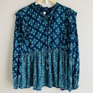 Blue Rain Peasant Blouse Top Aqua Blue Ruffles Paisley Long Sleeve Boho EUC XS